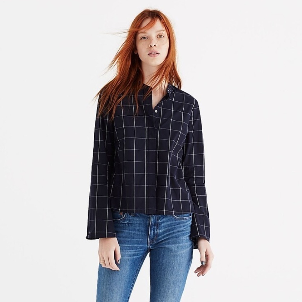 Madewell Blue‎ Bell Sleeve Shirt In Window Pane